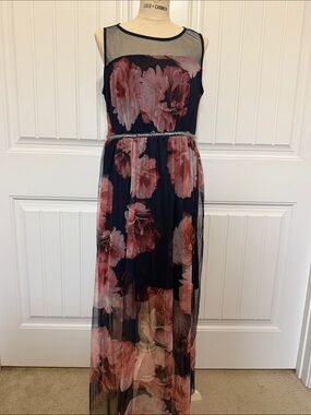 Candalate Navy Maxi Dress with Pink Rose Print and Beaded Waist